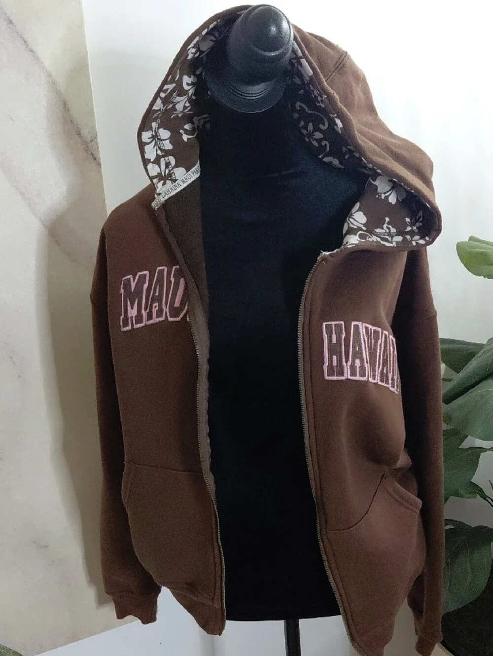 Maui Hawaii Brown Utility Zip-Up Jacket with Pink Lettering